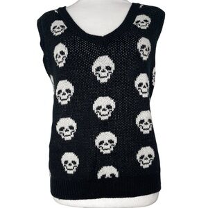 Black White Skull Knit Sleeveless Sweater Vest VNeck Goth Grunge Punk 90